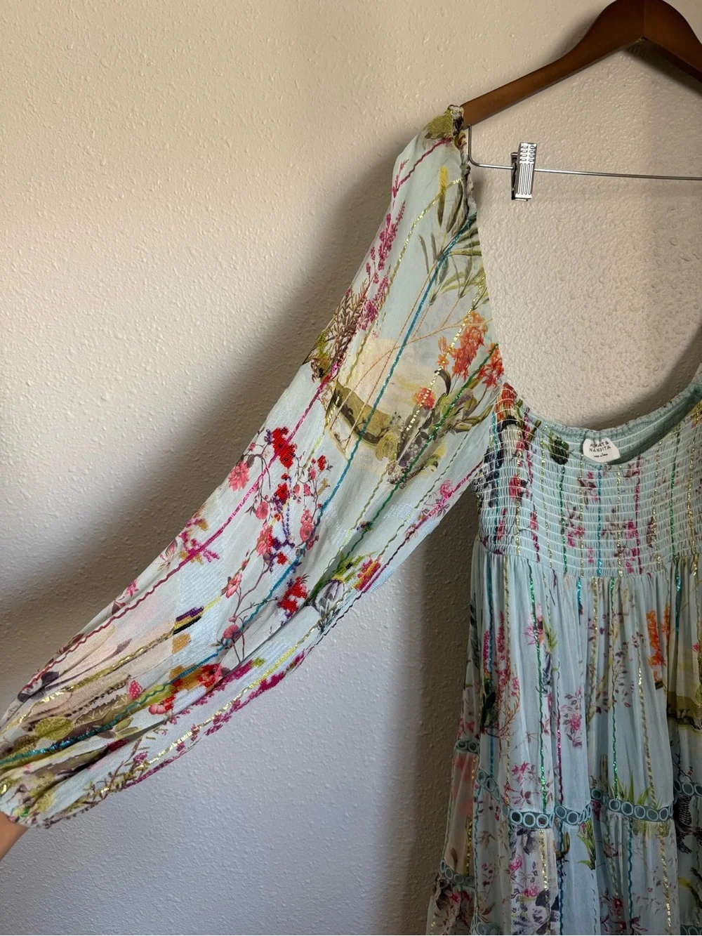 Anthropologie Hemant & Nandita Floral Sequin Off Shoulder Mini Dress XS Boho
